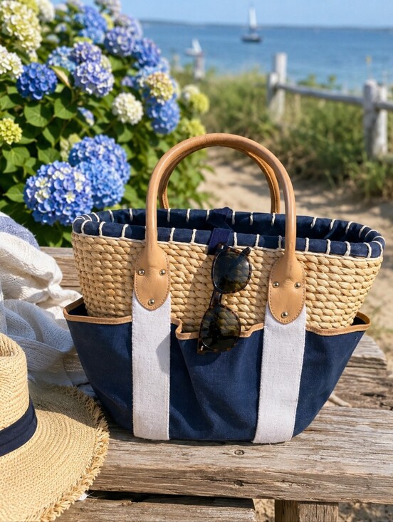 Lauren Ralph Lauren Handbags - Lauren Ralph Lauren Straw Basket Tote Navy Canvas Leather Trim Coastal Beach Bag